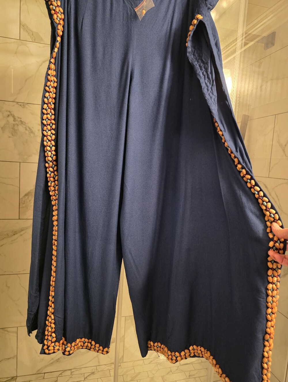 NWOT Soft Surroundings Navy Beaded Edged Wrap Harem Wide Pants ONE OF KIND Sz S